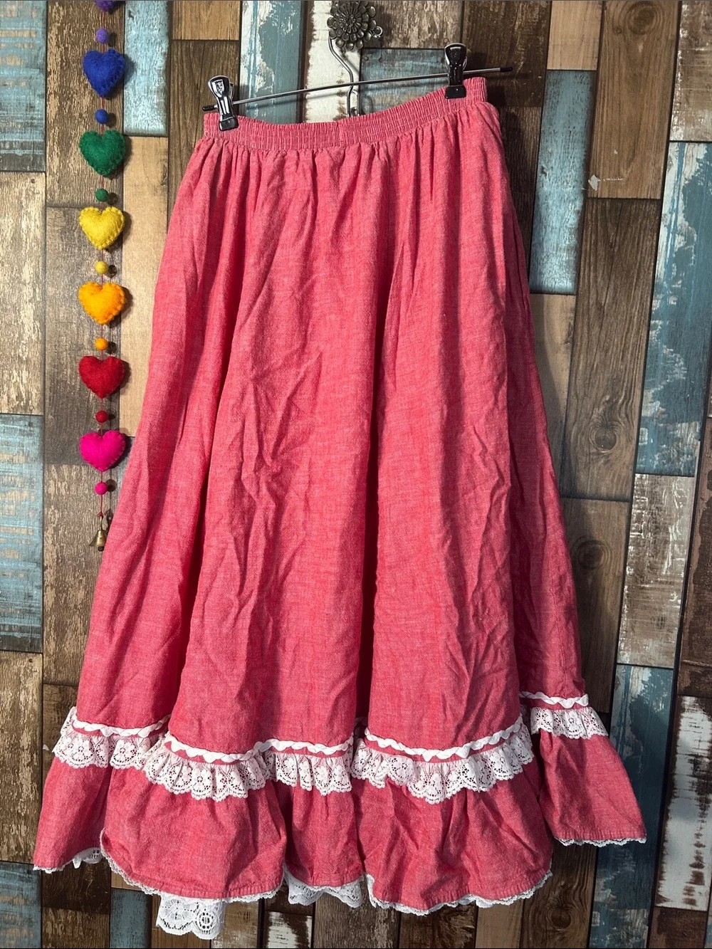 Brand Red Ruffled A-Line Midi Skirt with Lace Trim western - Picture 14 of 16